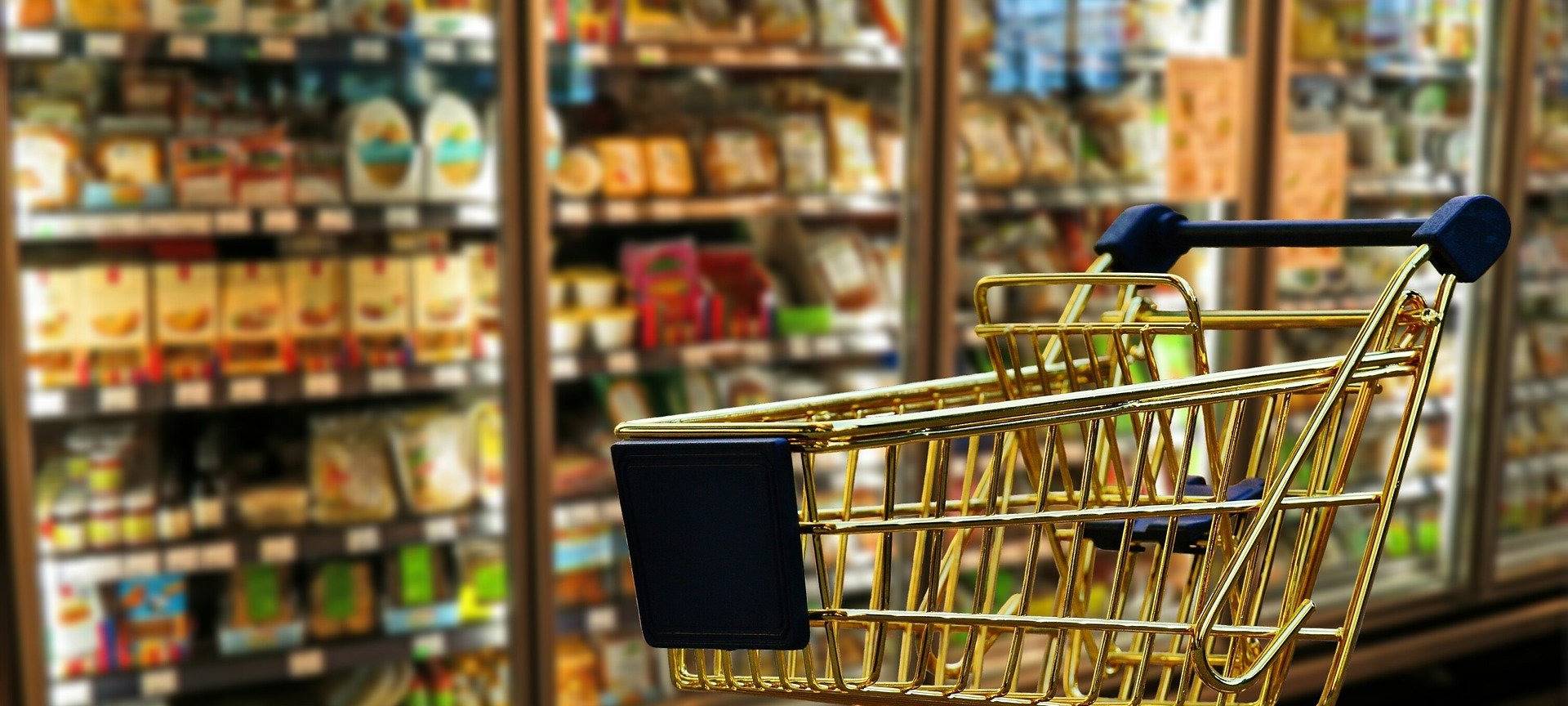 Ein kleiner, leerer Einkaufswagen steht vor einem Kühlregal mit Käse.