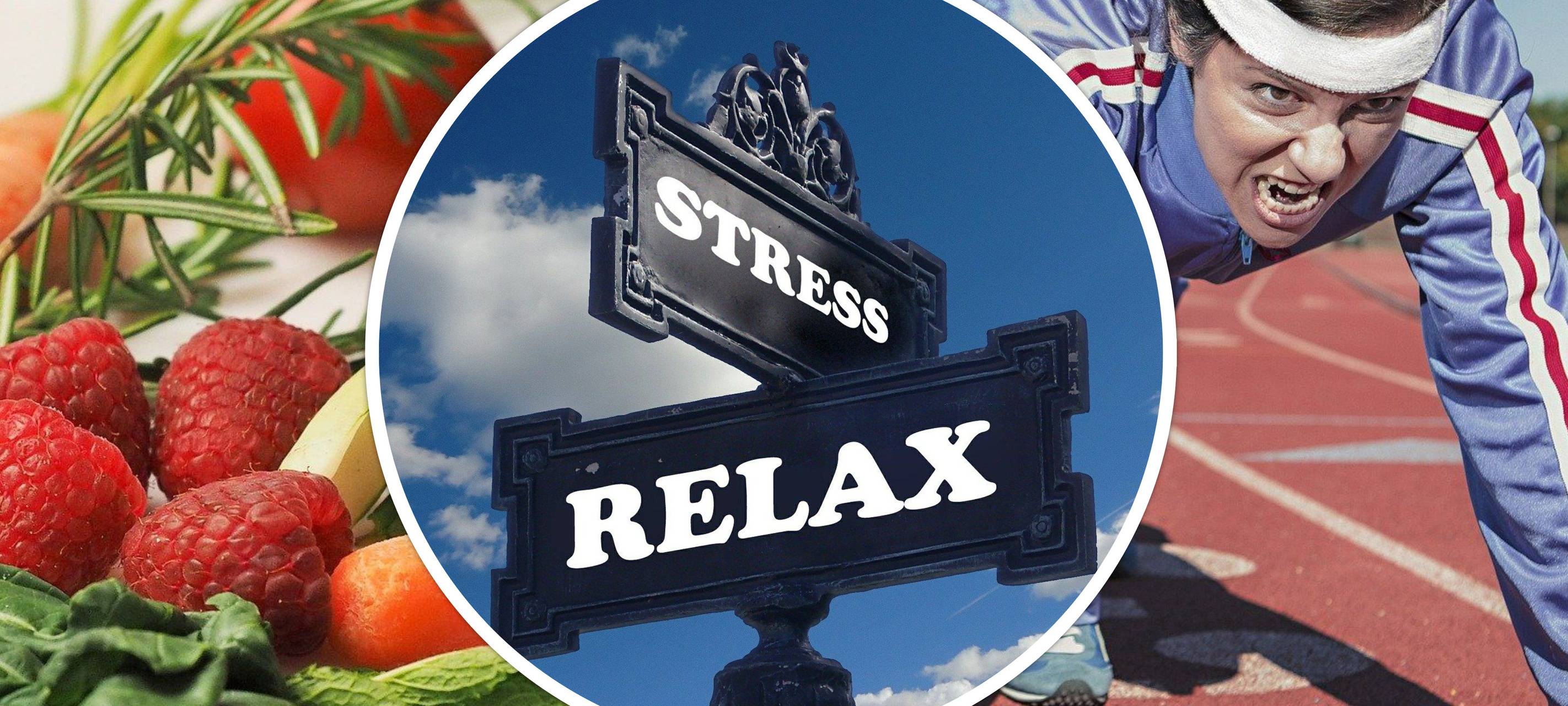 Eine Collage: Athletin, Gemüse, Relax-Schild