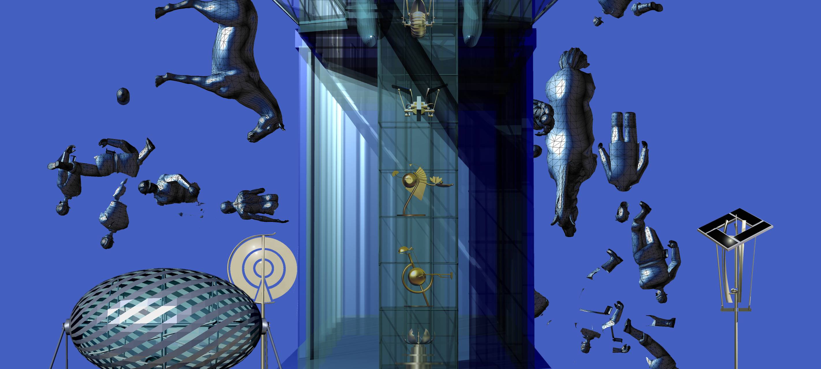 Blaugrundiges Plakat mit dem Glaselefanten darauf