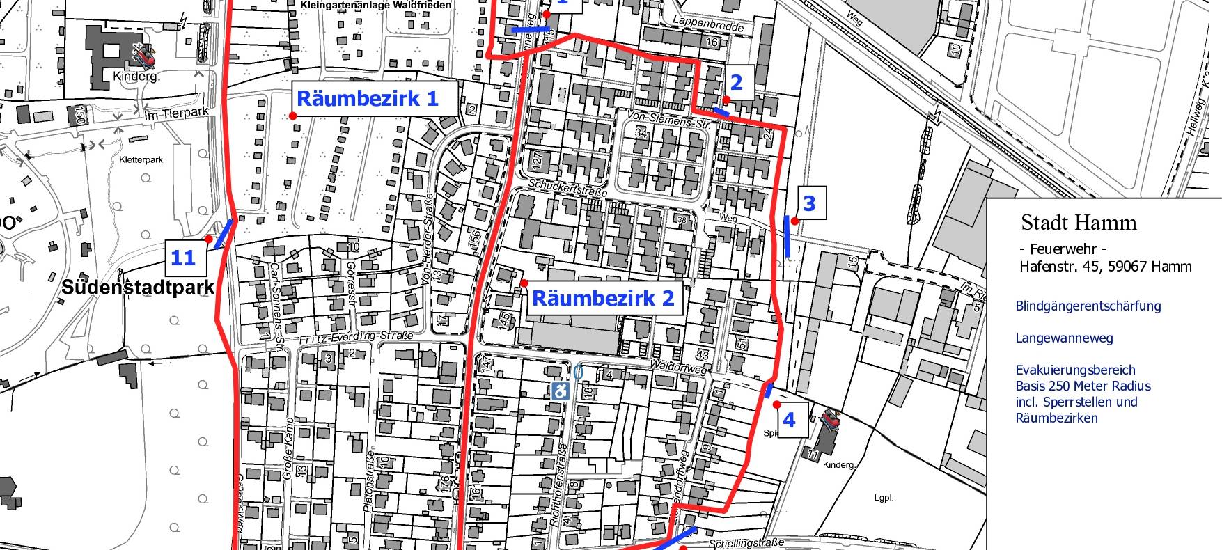 Die Stadt hat den betroffenen Evakuierungsradius rund um den Langewanneweg bekanntgegeben.