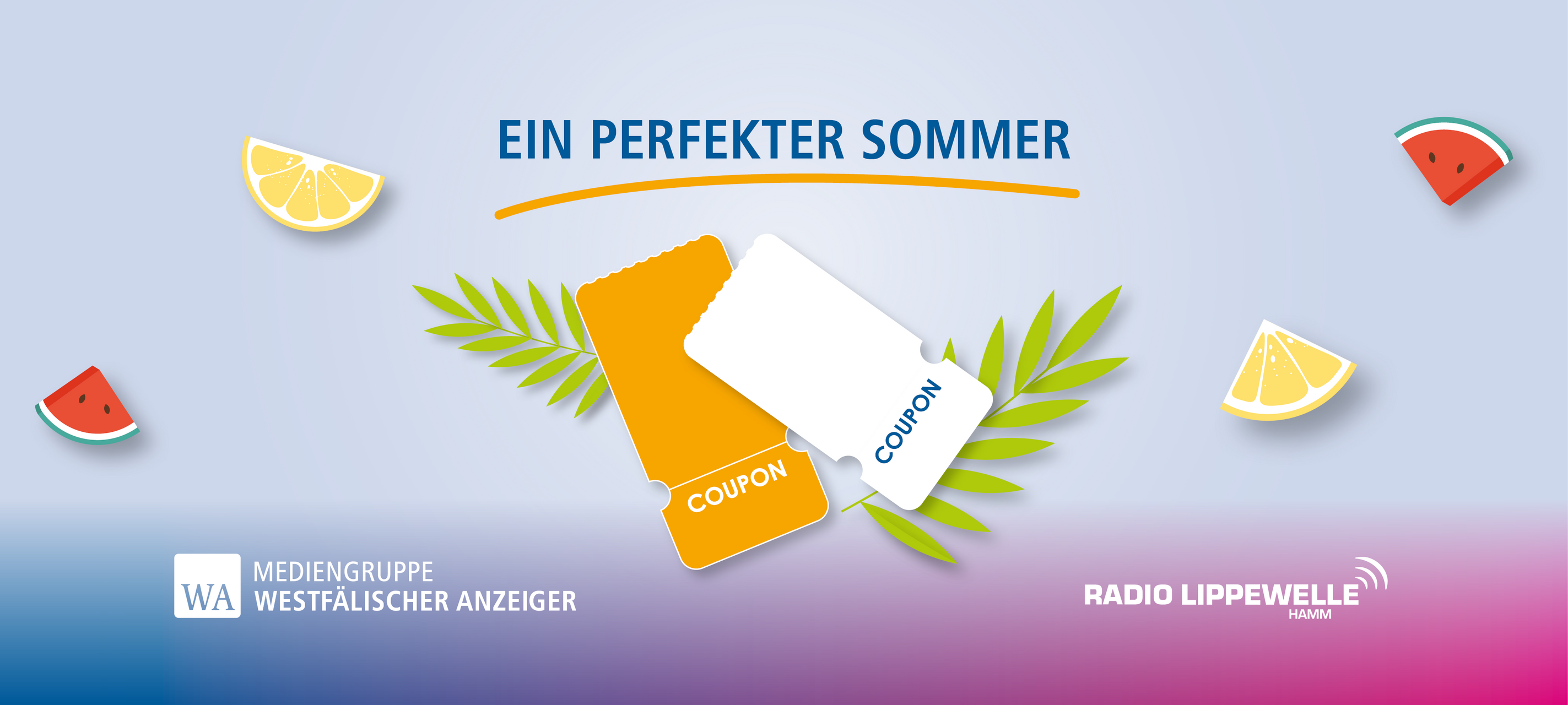 Grafik zur Aktion "Ein perfekter Sommer" mit zwei Coupon-Scheinen, Zitronen- und Wassermelonenscheiben auf hellblauem Hintergrund, dazu die Logos von Radio Lippewelle Hamm und der Mediengruppe Westfälischer Anzeiger.